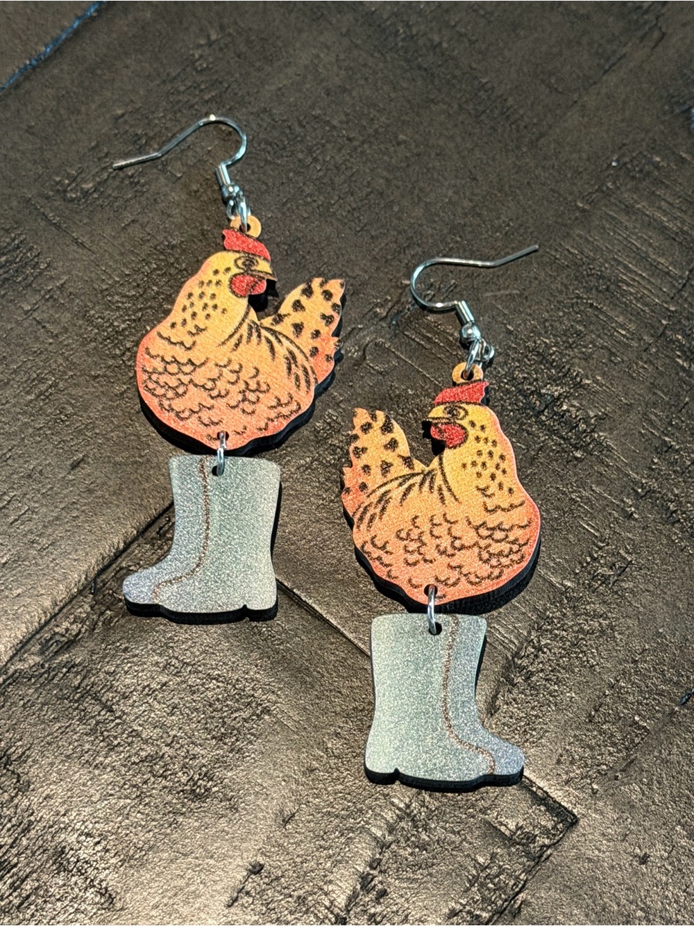 Chicken & Boot Dangle Earrings - Yellow and Green